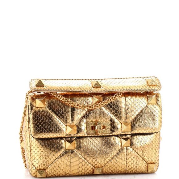 Valentino Garavani Roman Stud Flap Bag Quilted Python Medium Gold - Picture 2 of 6